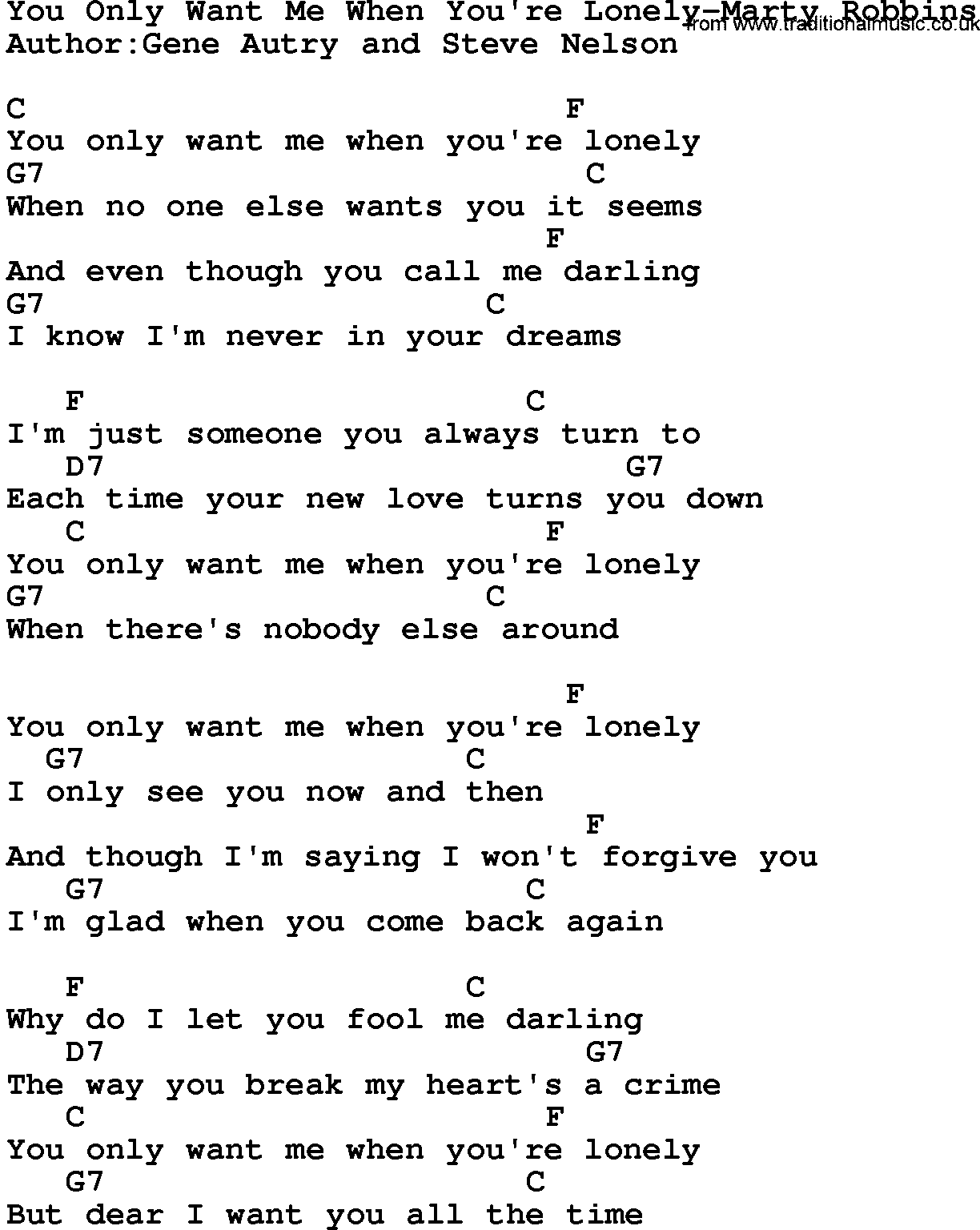 Country music song: You Only Want Me When You're Lonely-Marty Robbins lyrics and chords