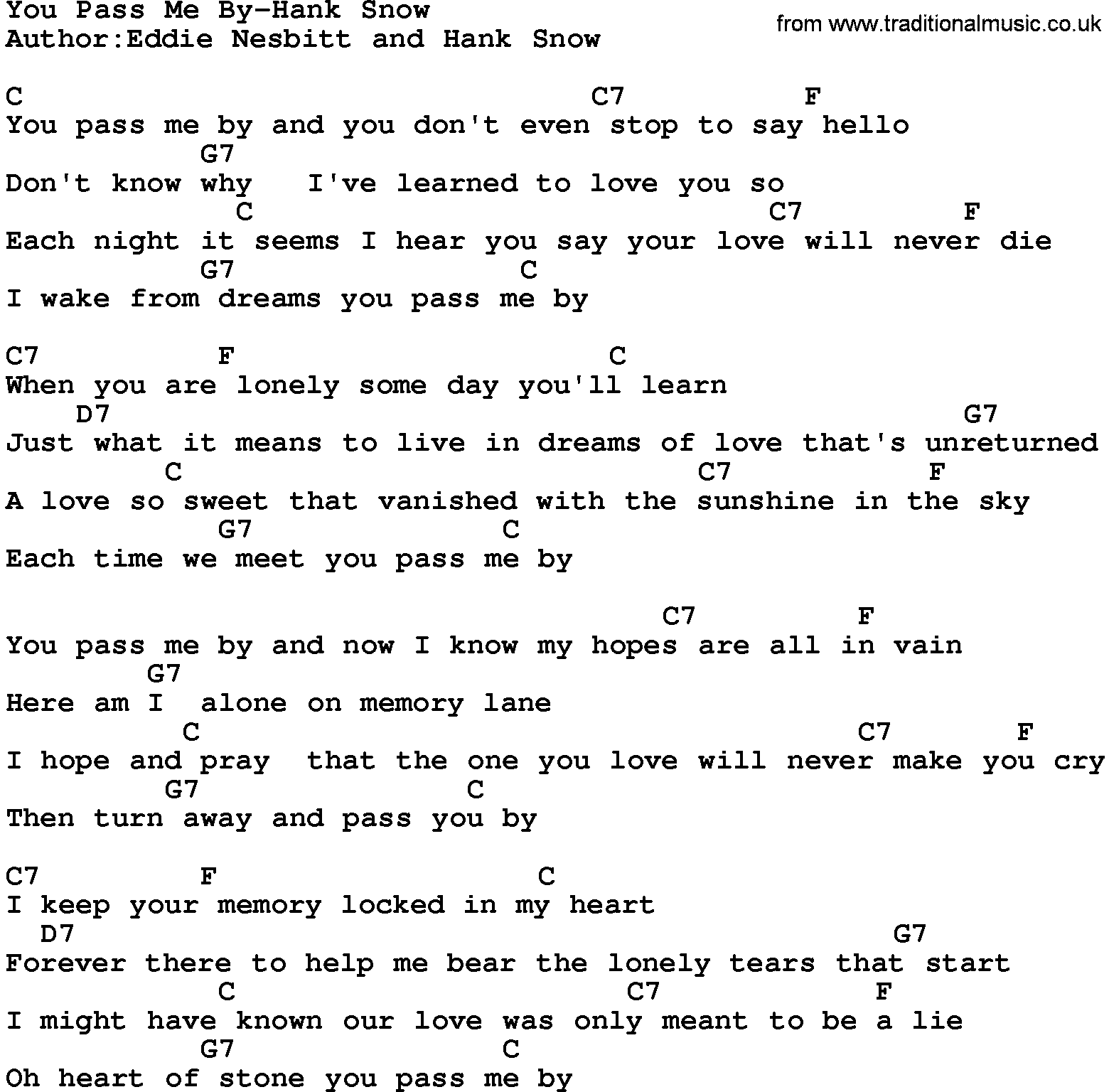 Country music song: You Pass Me By-Hank Snow lyrics and chords