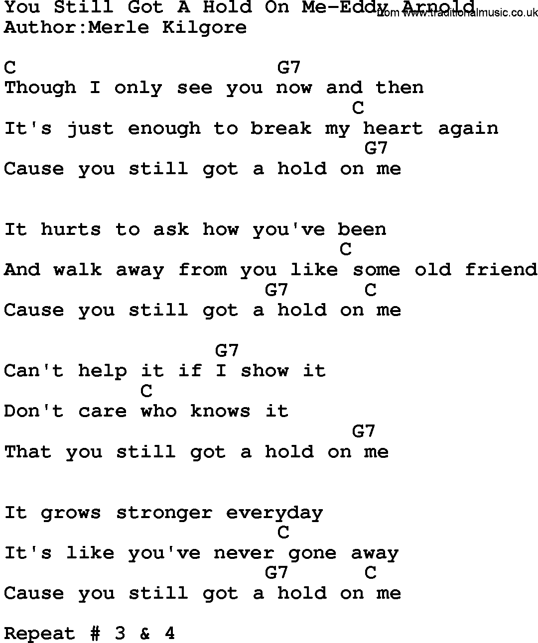 Country music song: You Still Got A Hold On Me-Eddy Arnold lyrics and chords