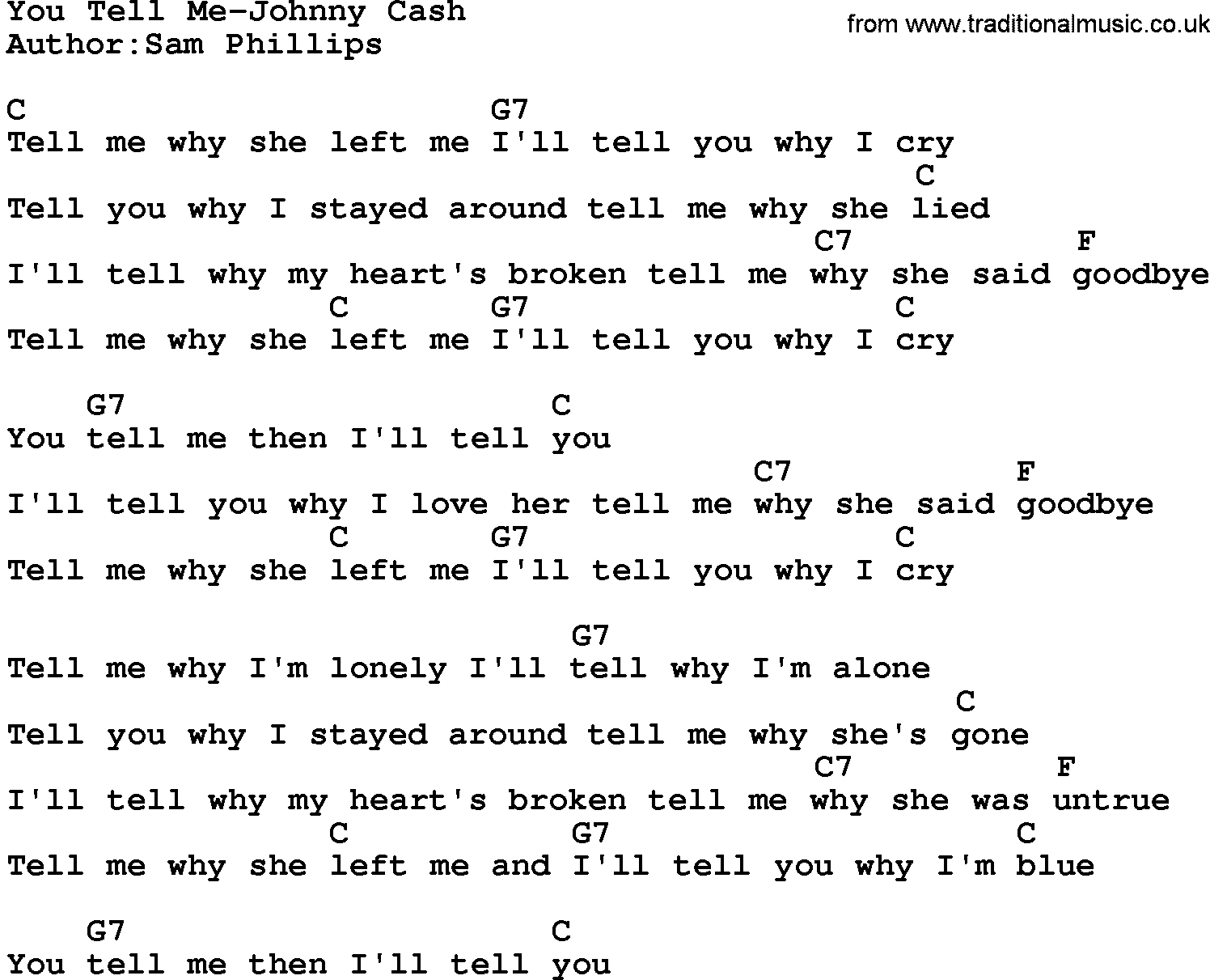 Country music song: You Tell Me-Johnny Cash lyrics and chords