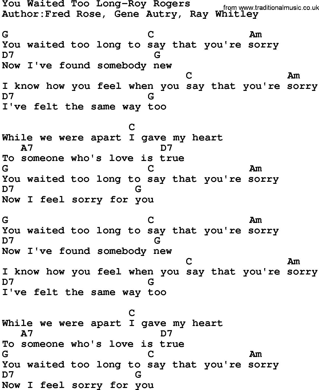 Country music song: You Waited Too Long-Roy Rogers lyrics and chords