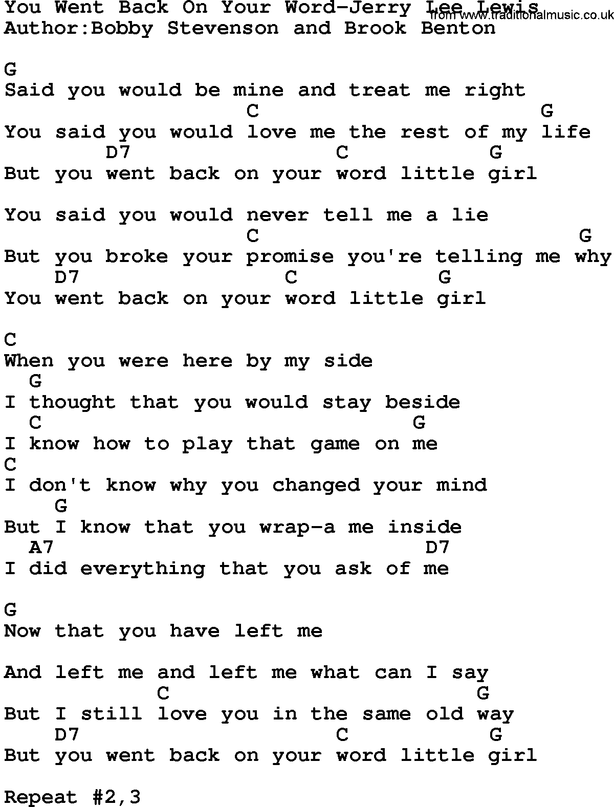 Country music song: You Went Back On Your Word-Jerry Lee Lewis lyrics and chords