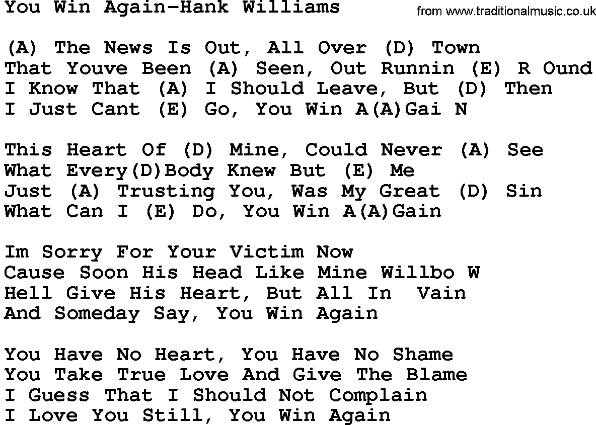 Country music song: You Win Again-Hank Williams lyrics and chords