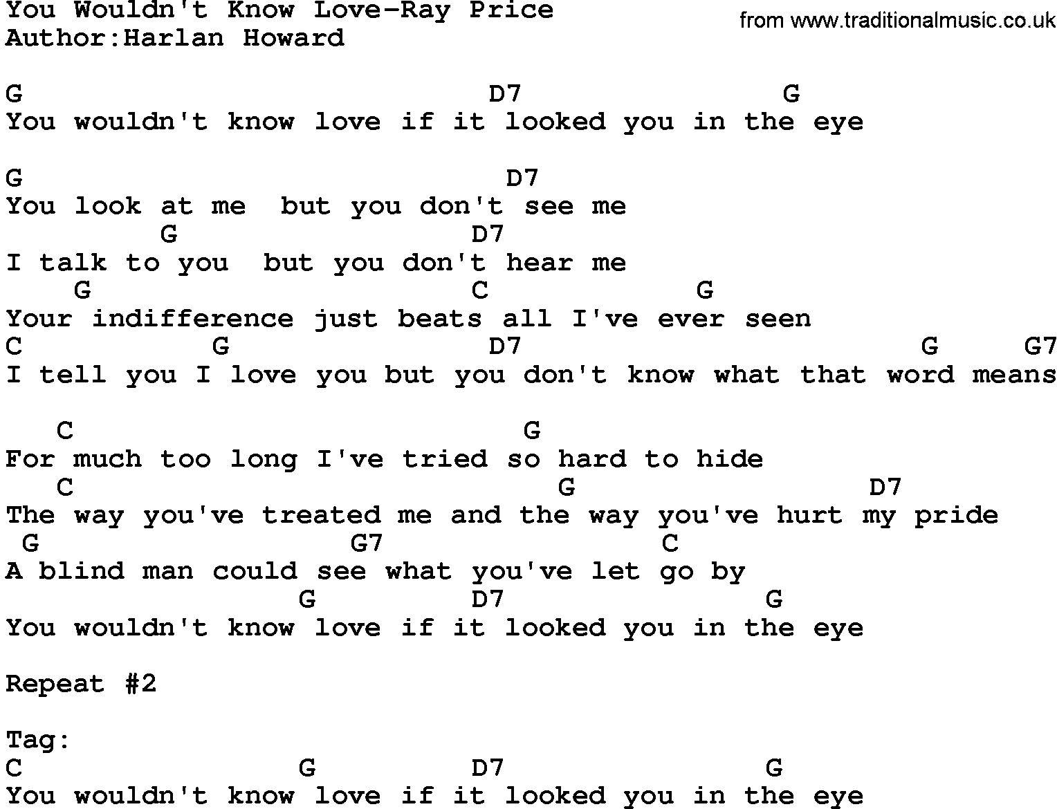 Country music song: You Wouldn't Know Love-Ray Price lyrics and chords
