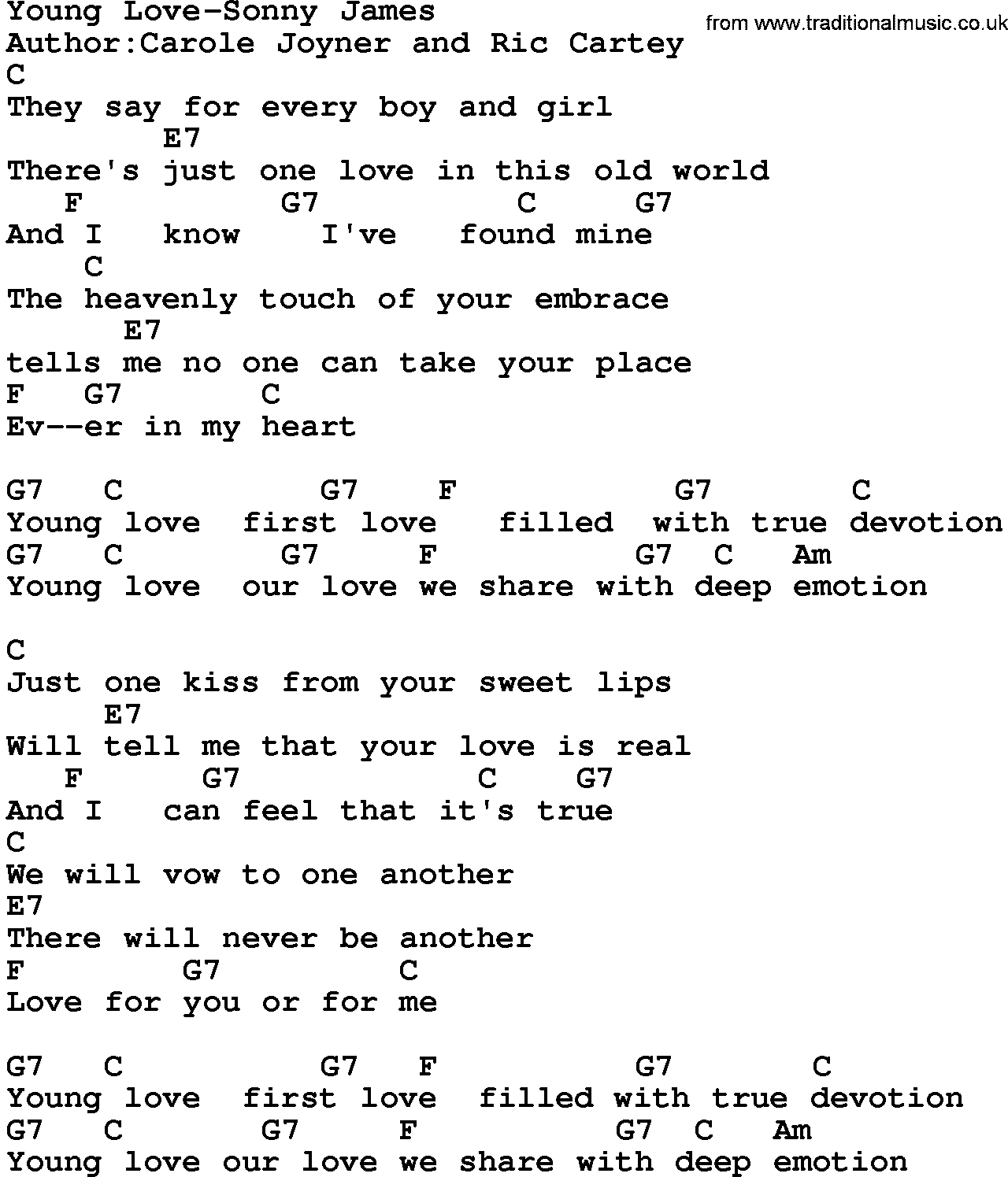 Country music song: Young Love-Sonny James lyrics and chords