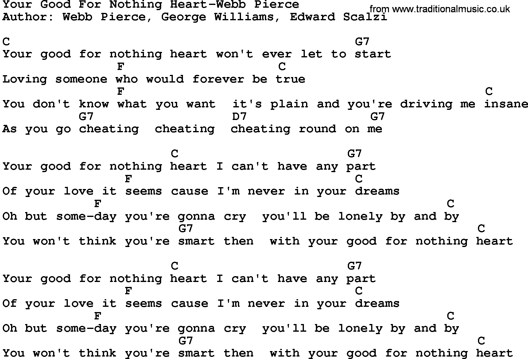 Country music song: Your Good For Nothing Heart-Webb Pierce lyrics and chords