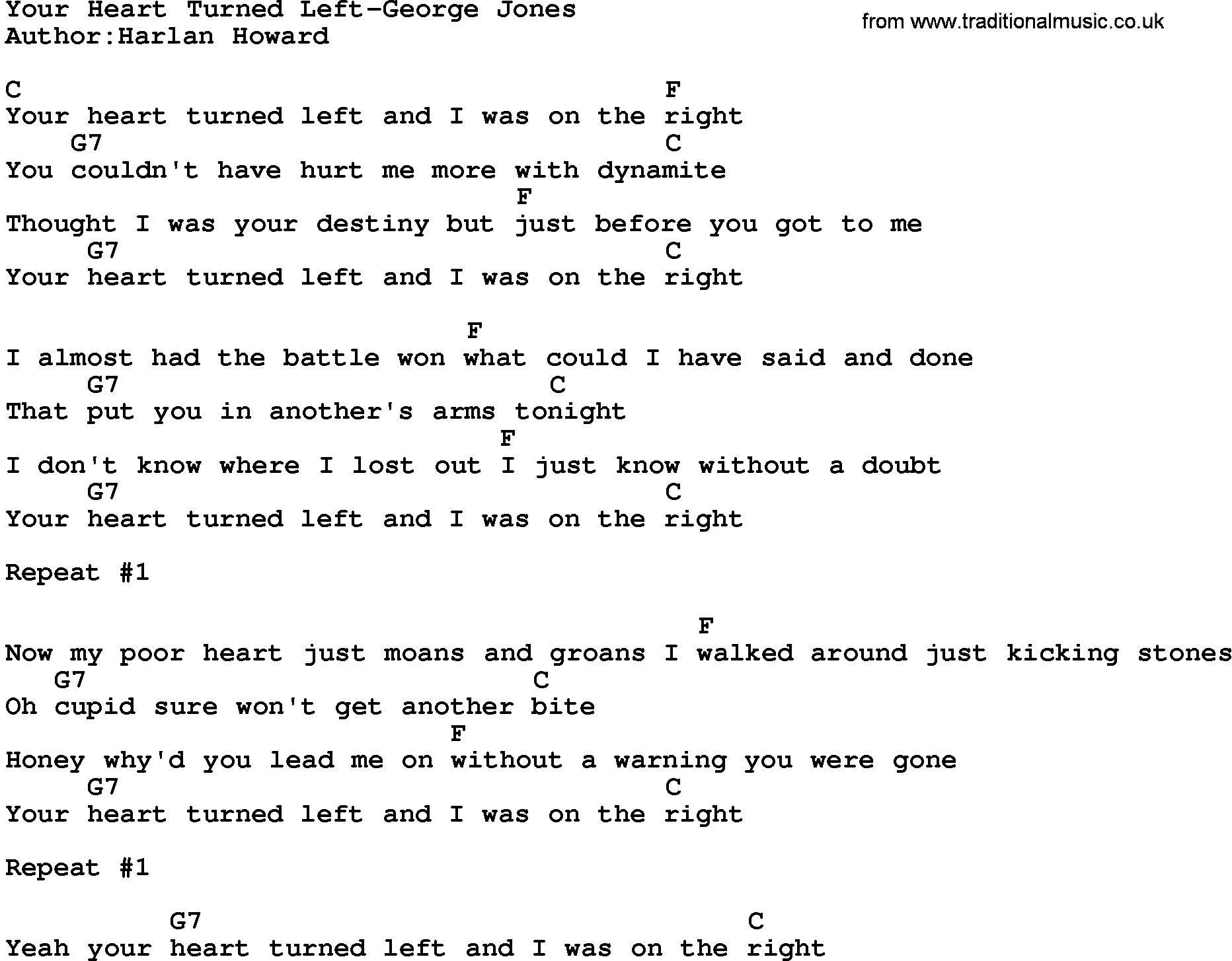 Country music song: Your Heart Turned Left-George Jones lyrics and chords