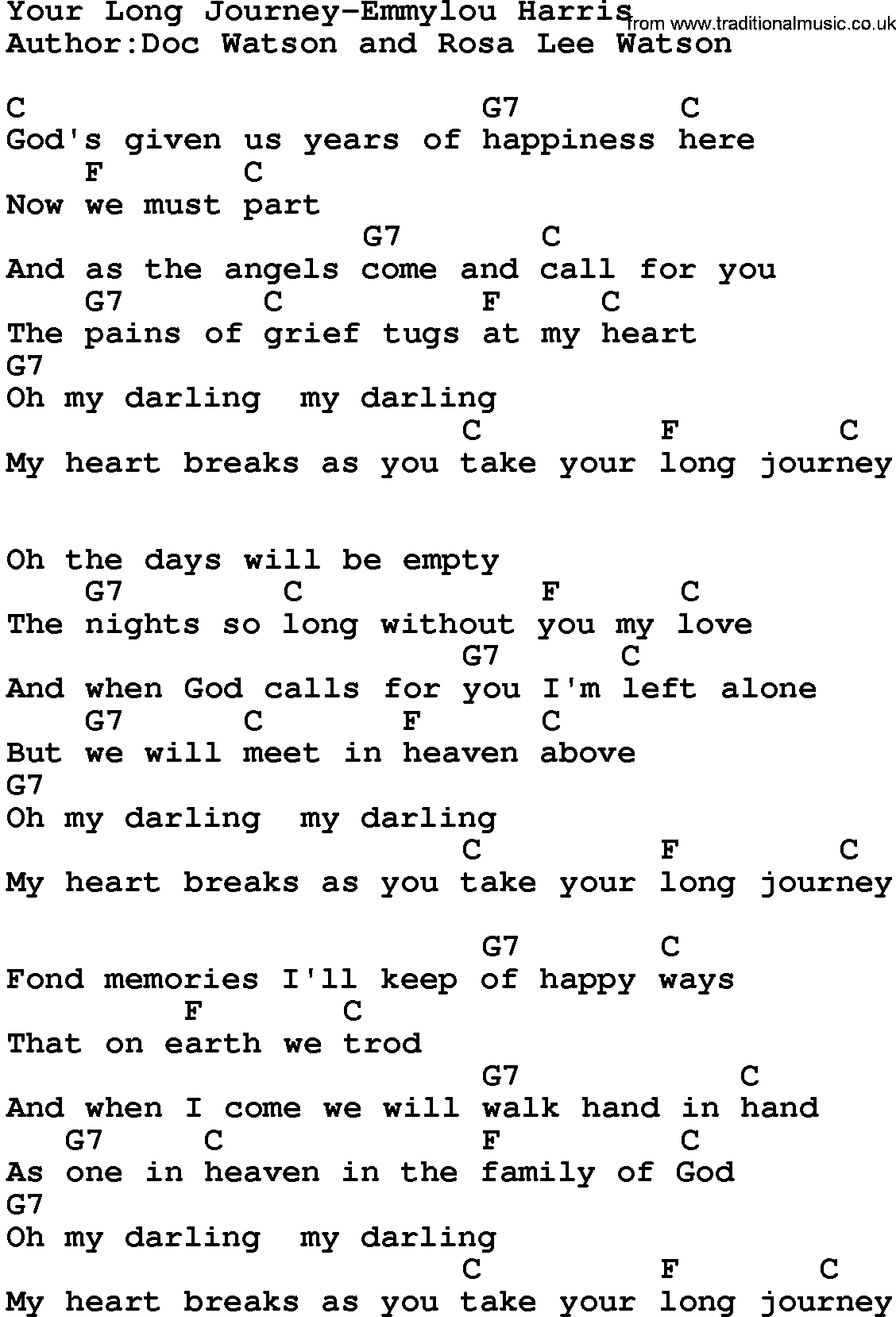 Country music song: Your Long Journey-Emmylou Harris lyrics and chords