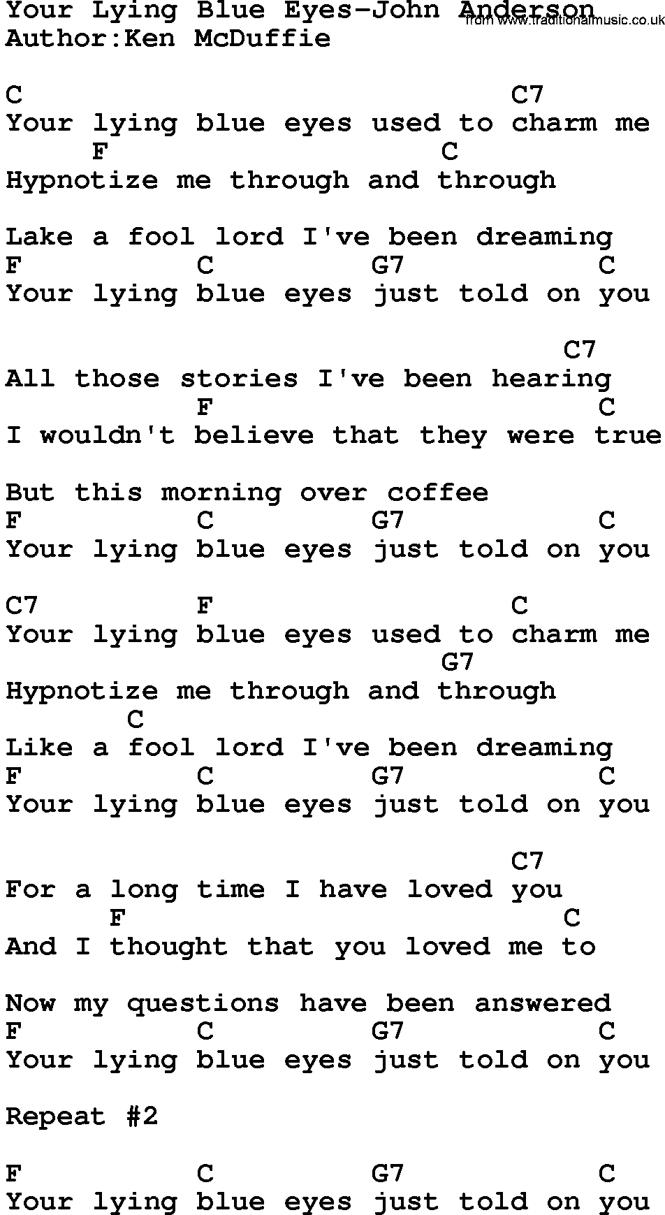 Country music song: Your Lying Blue Eyes-John Anderson lyrics and chords