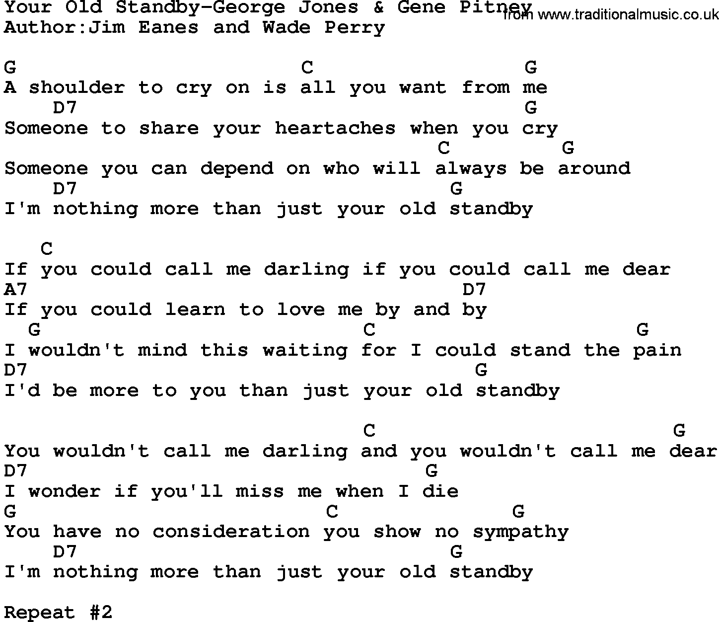 Country music song: Your Old Standby-George Jones & Gene Pitney lyrics and chords