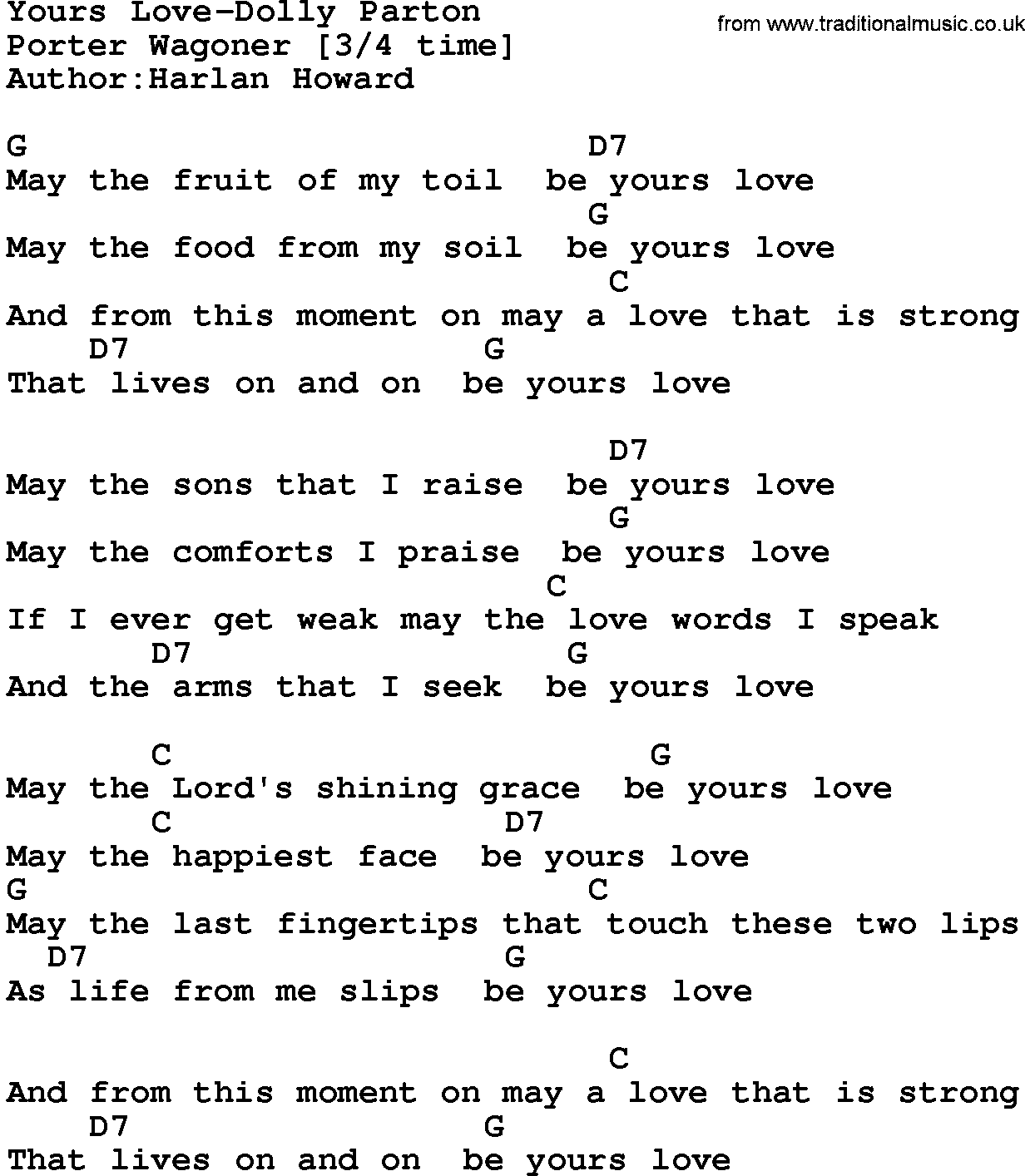 Country music song: Yours Love-Dolly Parton lyrics and chords