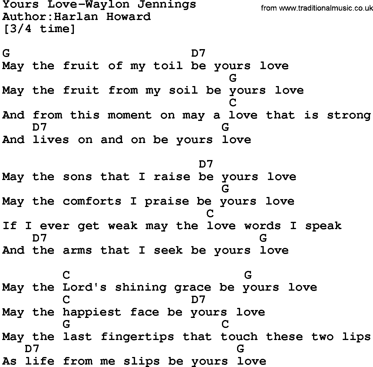 Country music song: Yours Love-Waylon Jennings lyrics and chords
