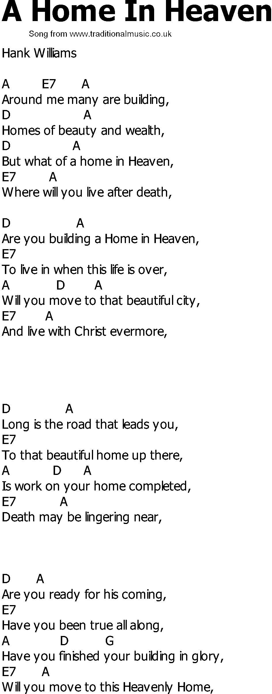 Old Country song lyrics with chords - A Home In Heaven