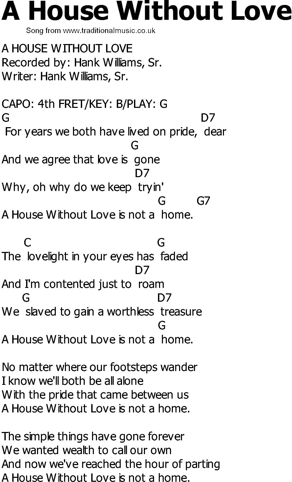 Old Country song lyrics with chords - A House Without Love