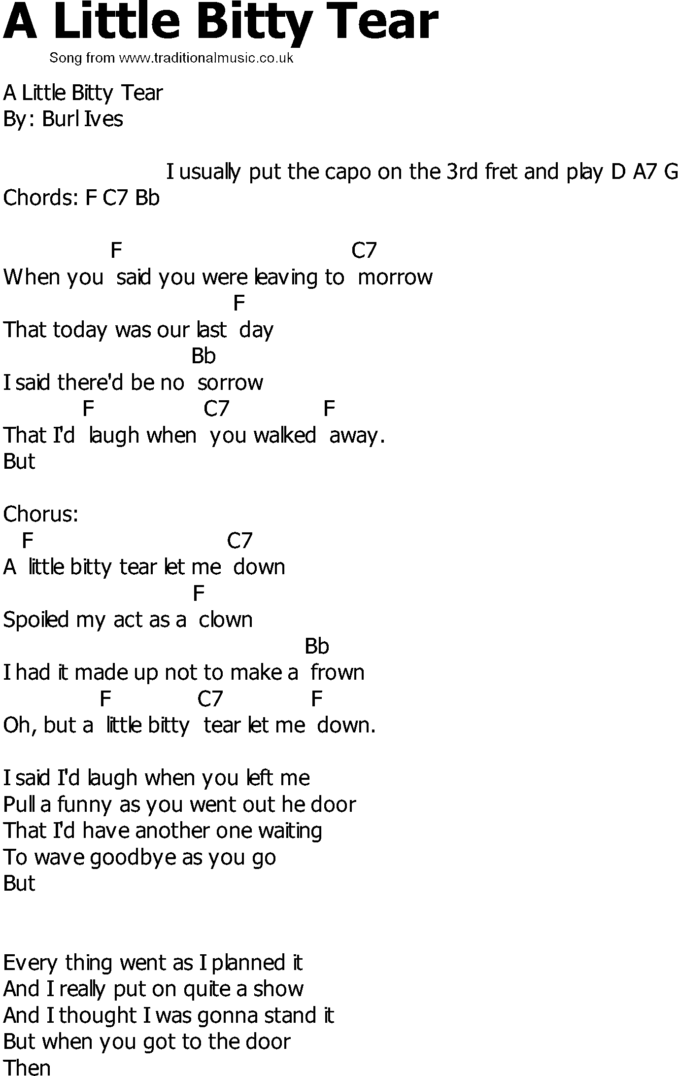 Old Country song lyrics with chords - A Little Bitty Tear