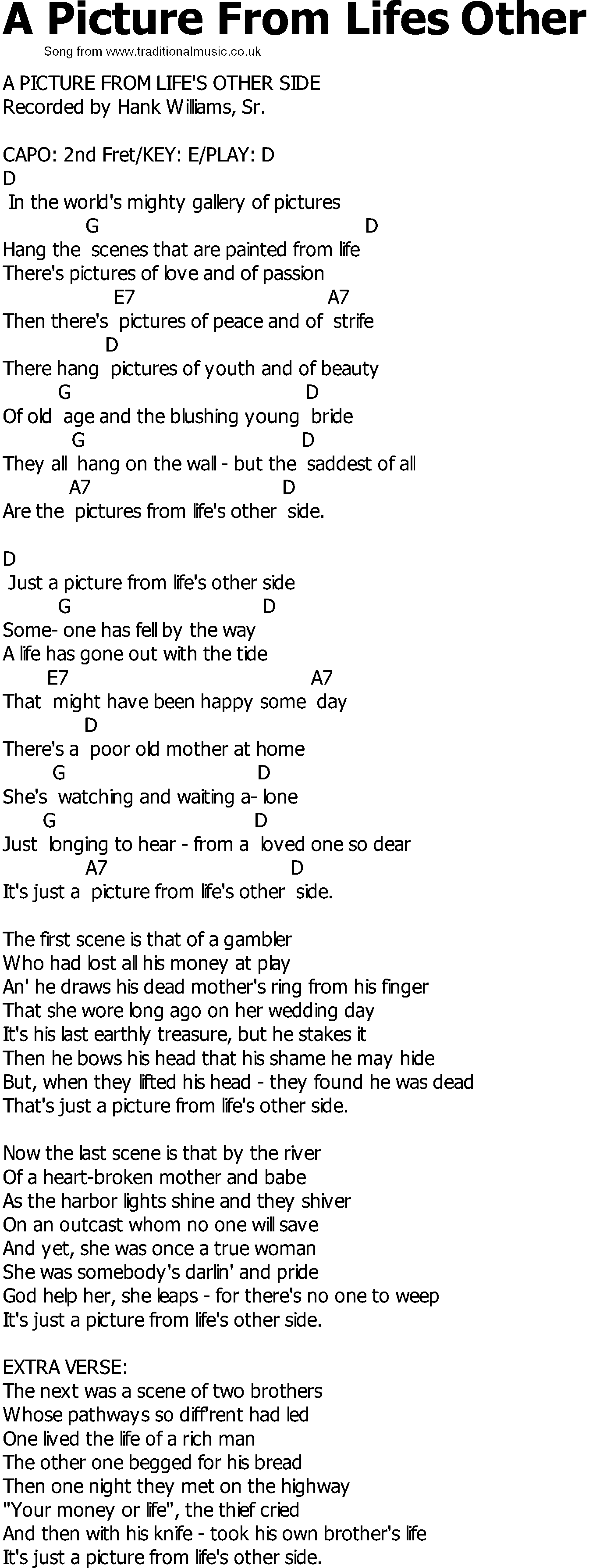 Old Country song lyrics with chords - A Picture From Lifes Other