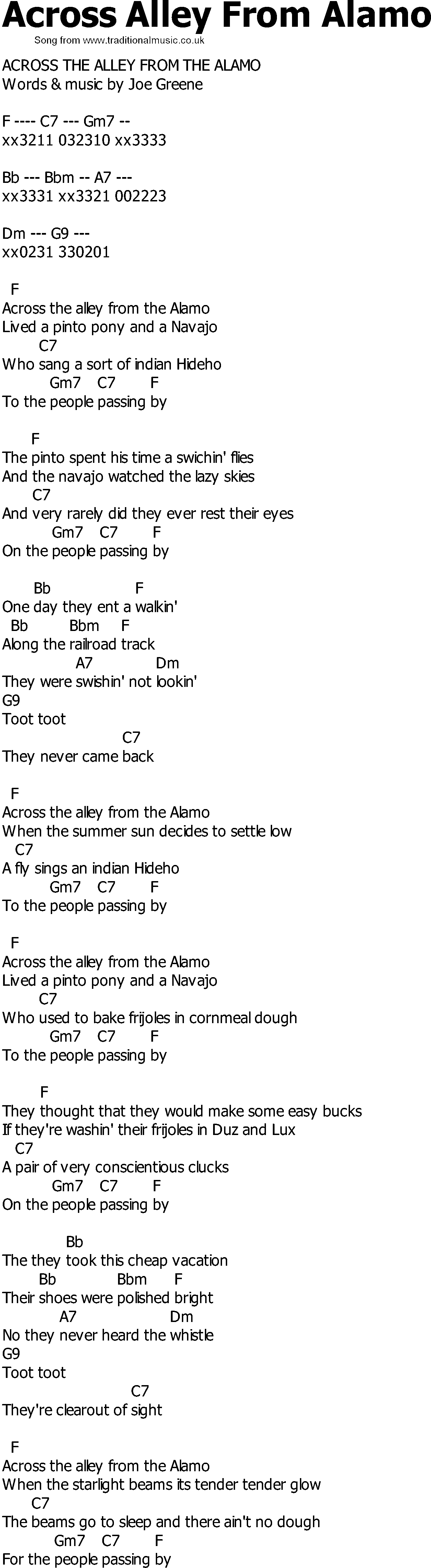 Old Country song lyrics with chords - Across Alley From Alamo