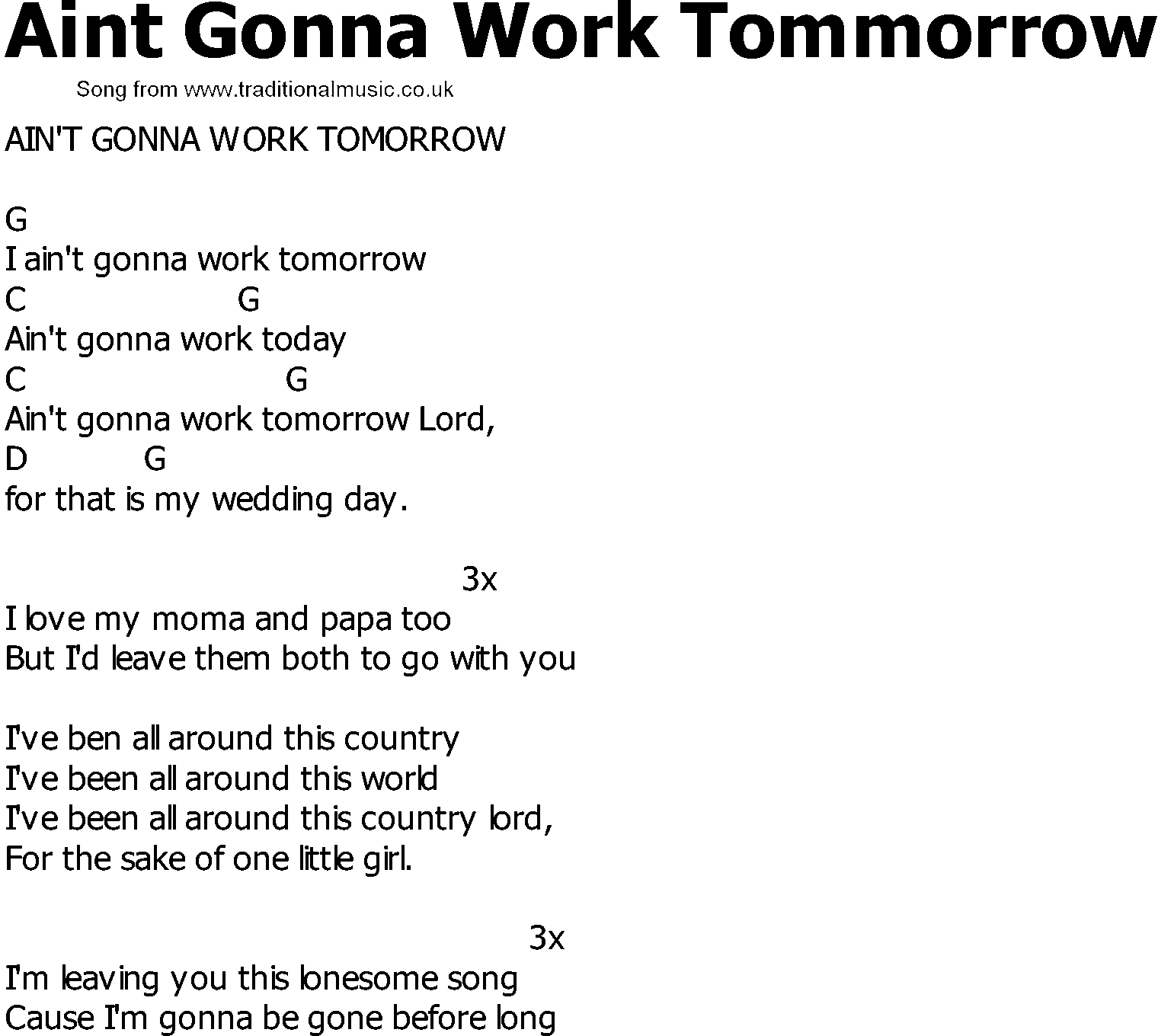 Old Country song lyrics with chords - Aint Gonna Work Tommorrow