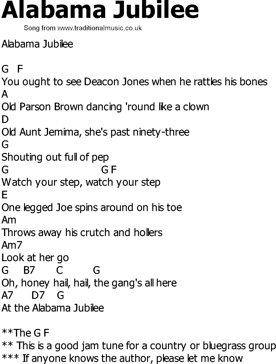 Old Country song lyrics with chords - Alabama Jubilee