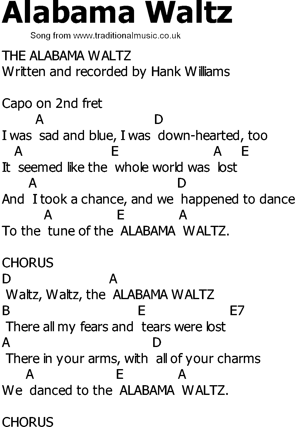 Old Country song lyrics with chords - Alabama Waltz