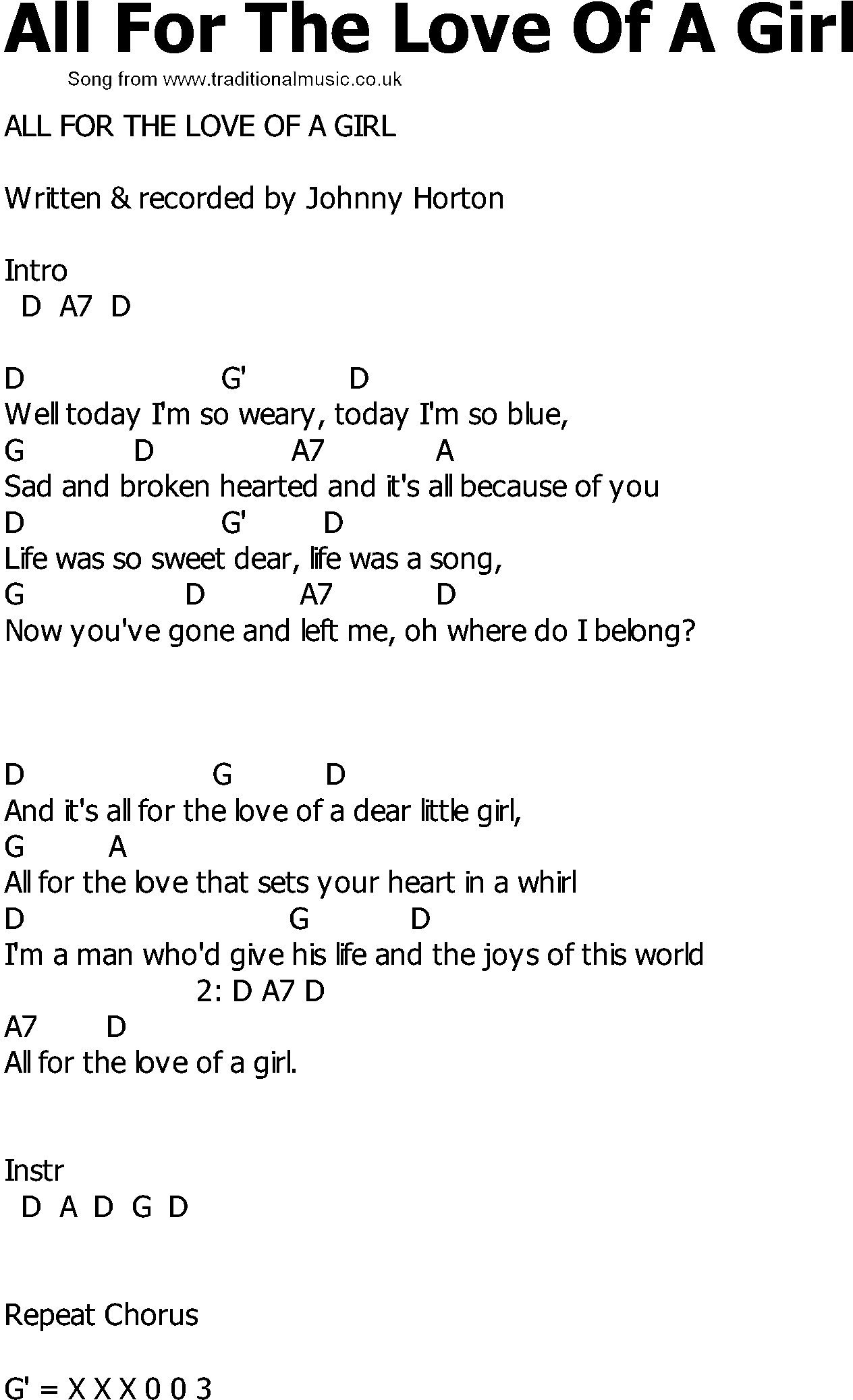 Old Country song lyrics with chords - All For The Love Of A Girl