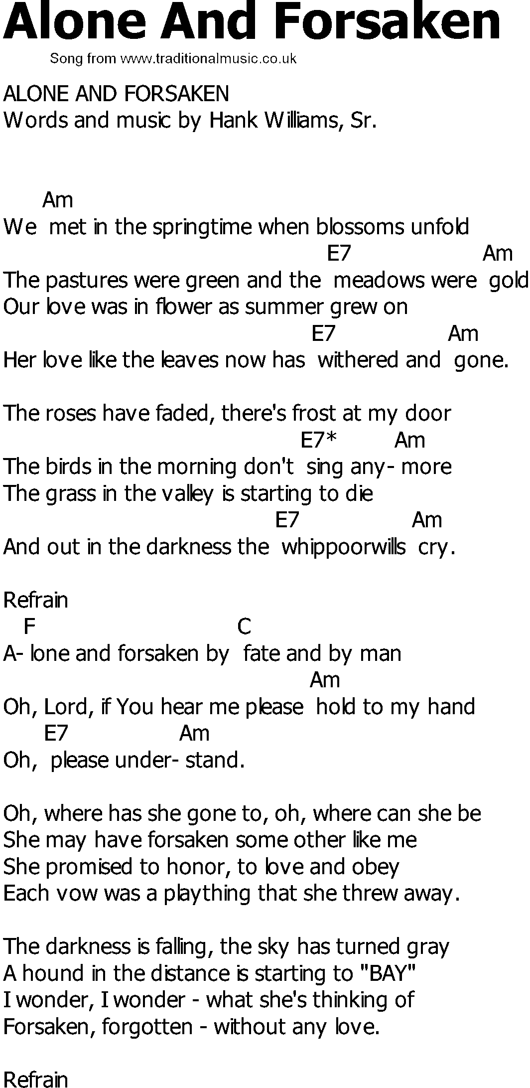 Old Country song lyrics with chords - Alone And Forsaken