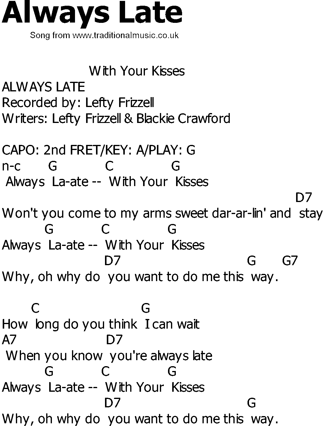 Old Country song lyrics with chords - Always Late