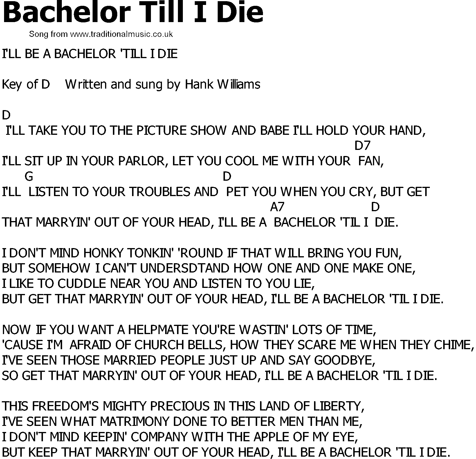 Old Country song lyrics with chords - Bachelor Till I Die
