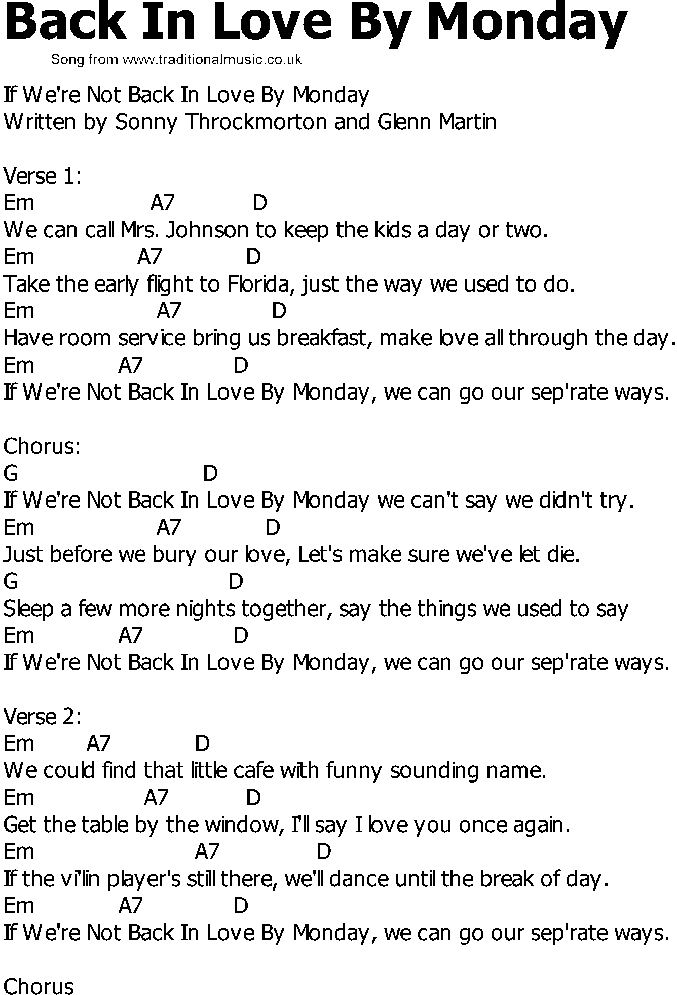 Old Country song lyrics with chords - Back In Love By Monday