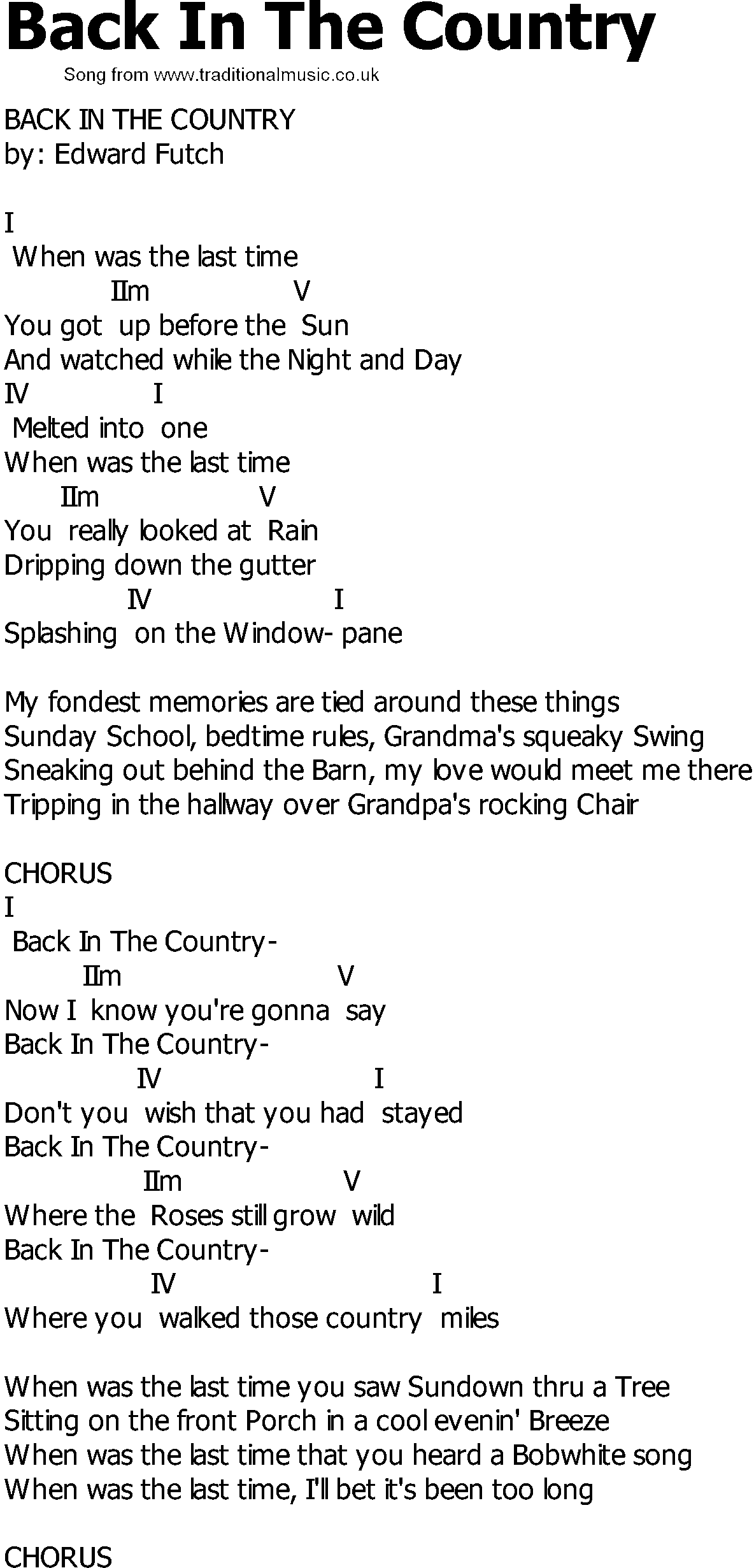 Old Country song lyrics with chords - Back In The Country