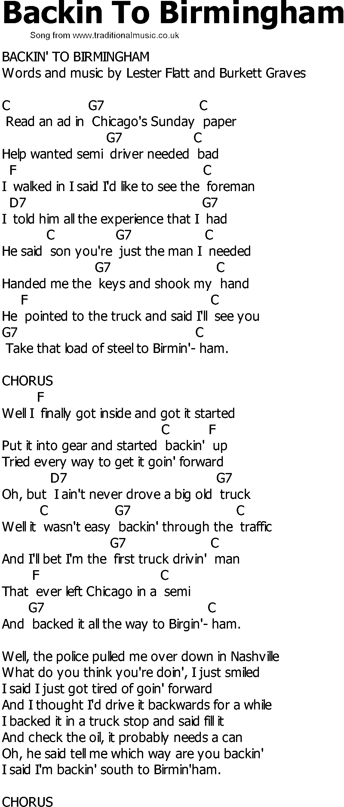 Old Country song lyrics with chords - Backin To Birmingham