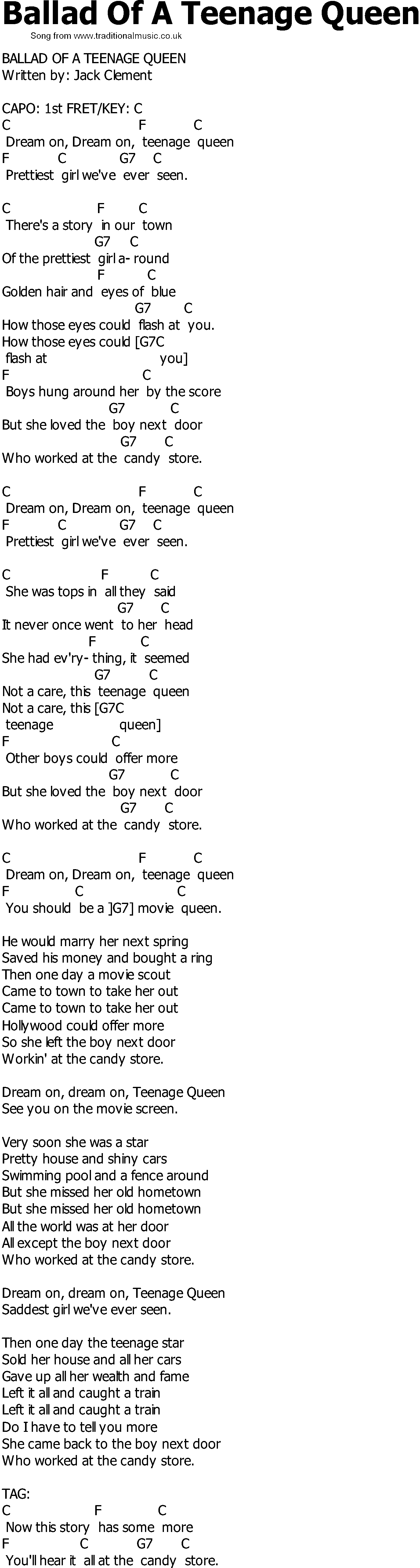 Old Country song lyrics with chords - Ballad Of A Teenage Queen
