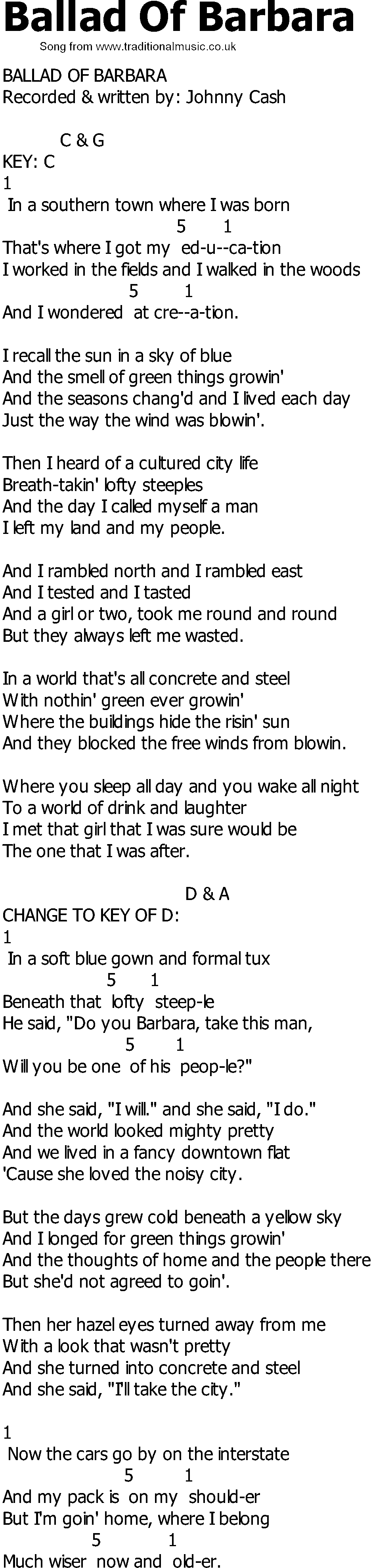 Old Country song lyrics with chords - Ballad Of Barbara