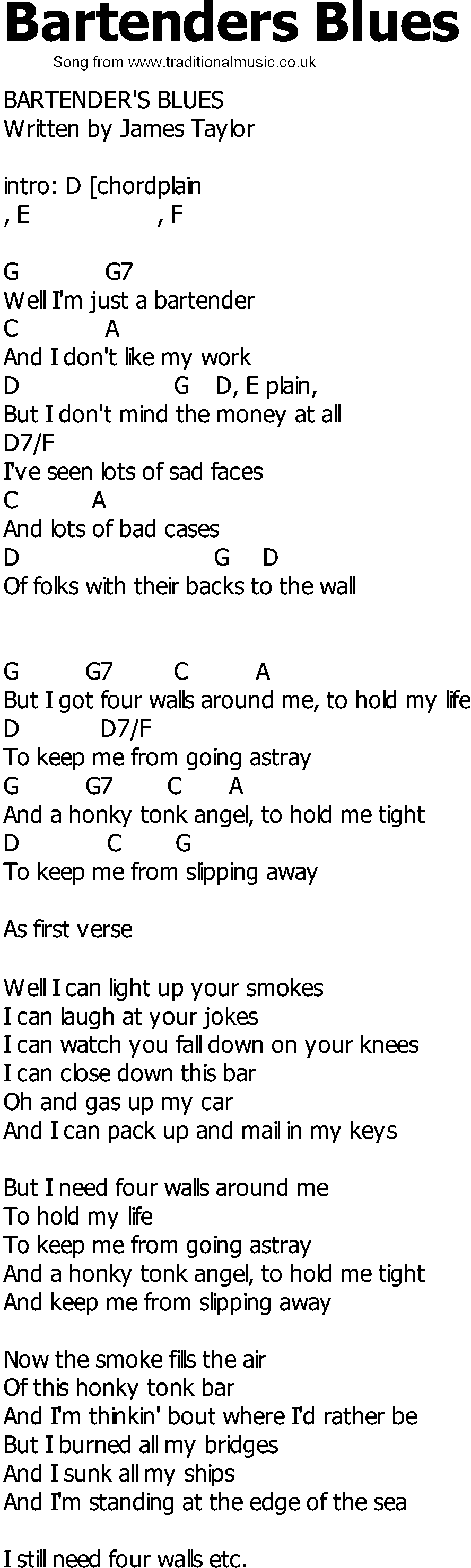 Old Country song lyrics with chords - Bartenders Blues