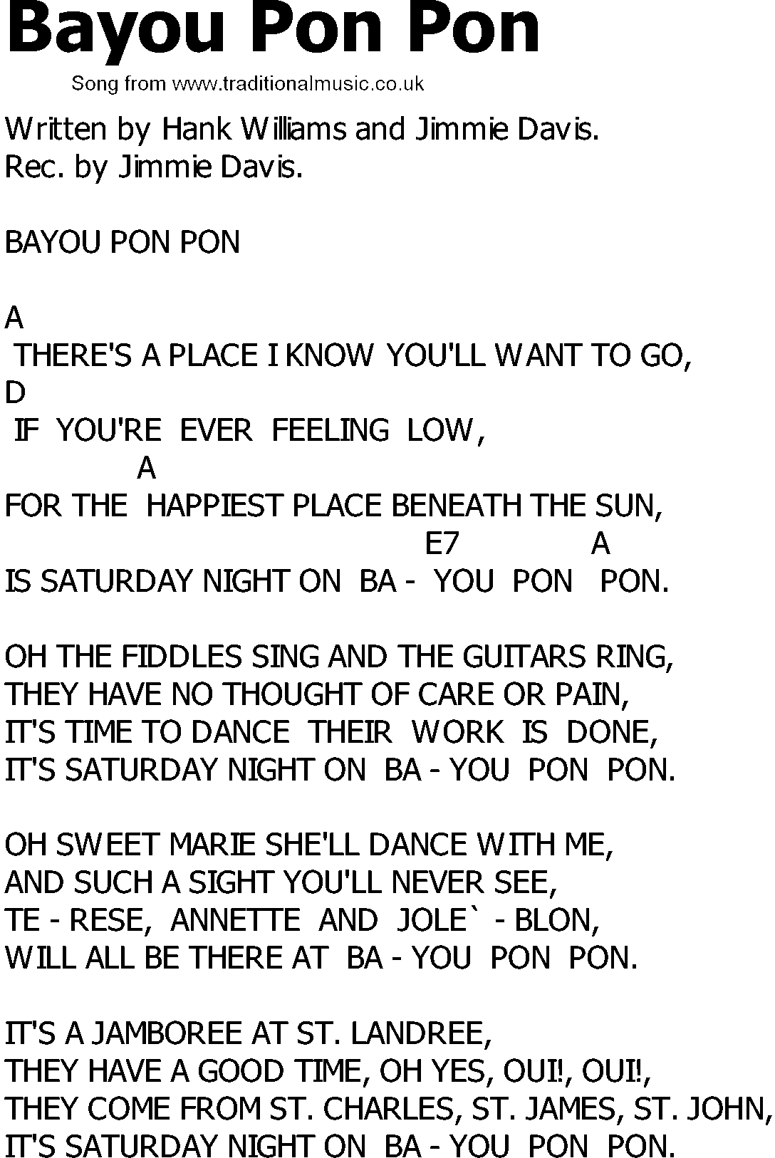Old Country song lyrics with chords - Bayou Pon Pon