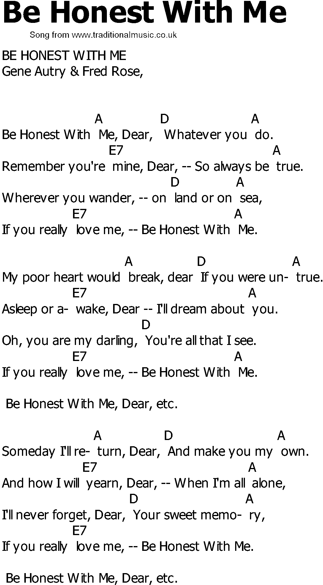 Old Country song lyrics with chords - Be Honest With Me
