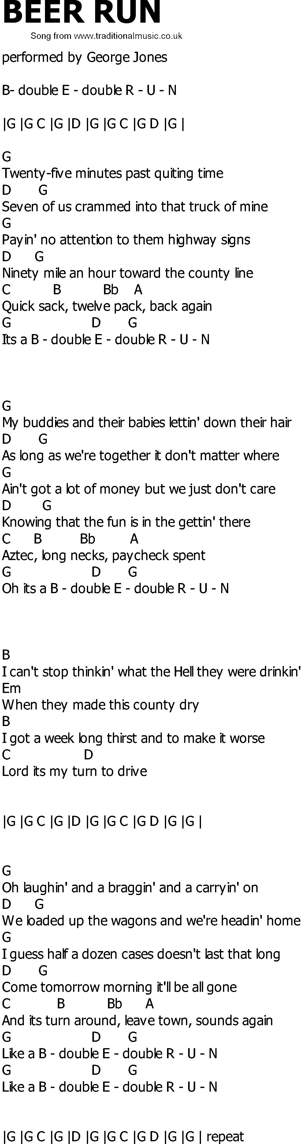 Old Country song lyrics with chords - Beer Run
