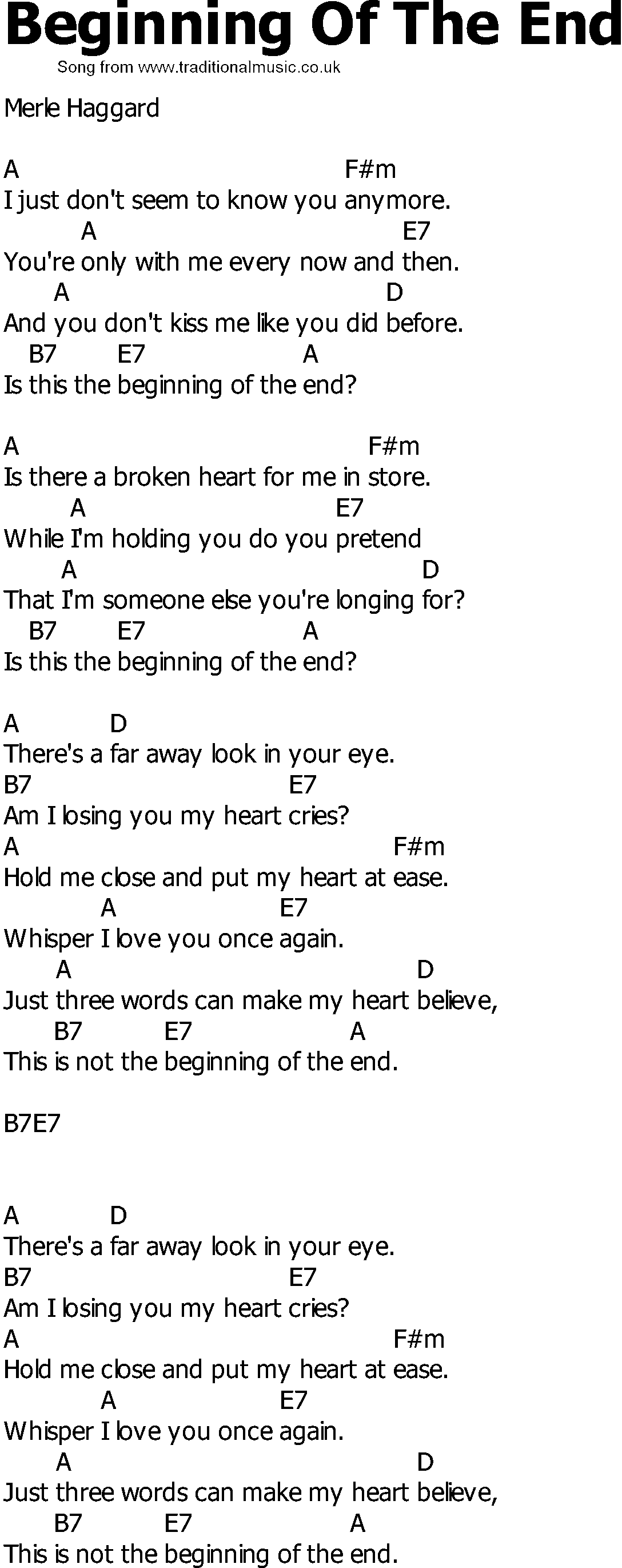 Old Country song lyrics with chords - Beginning Of The End