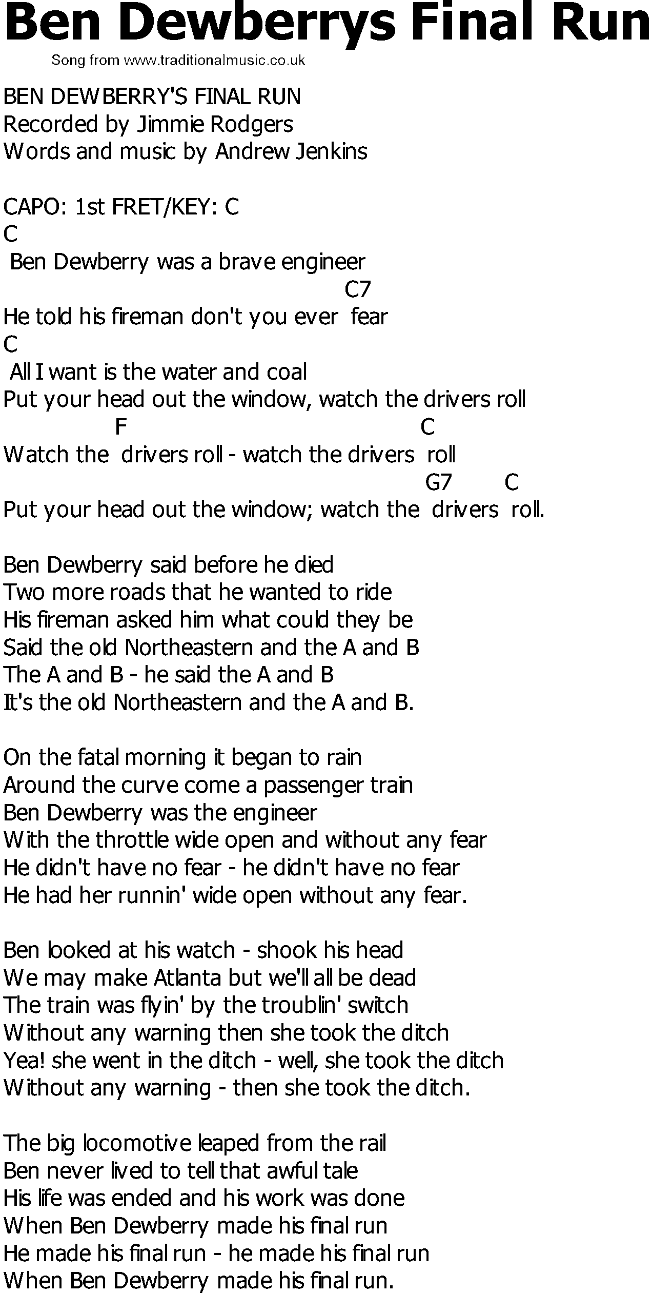 Old Country song lyrics with chords - Ben Dewberrys Final Run