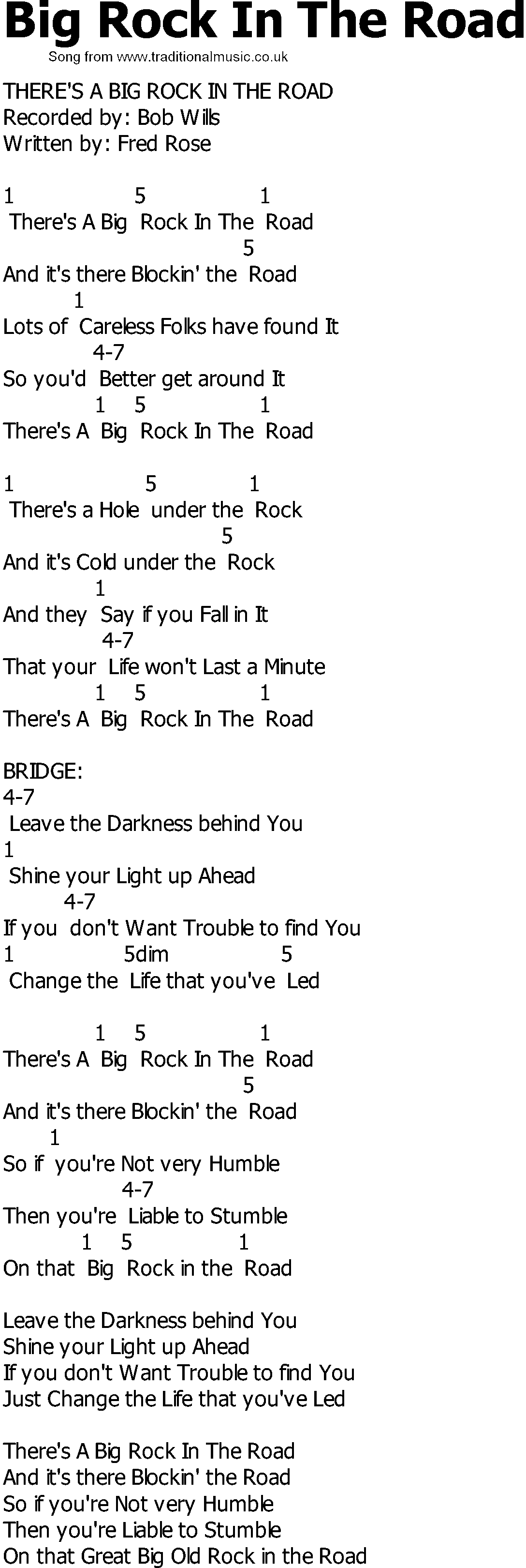 Old Country song lyrics with chords - Big Rock In The Road