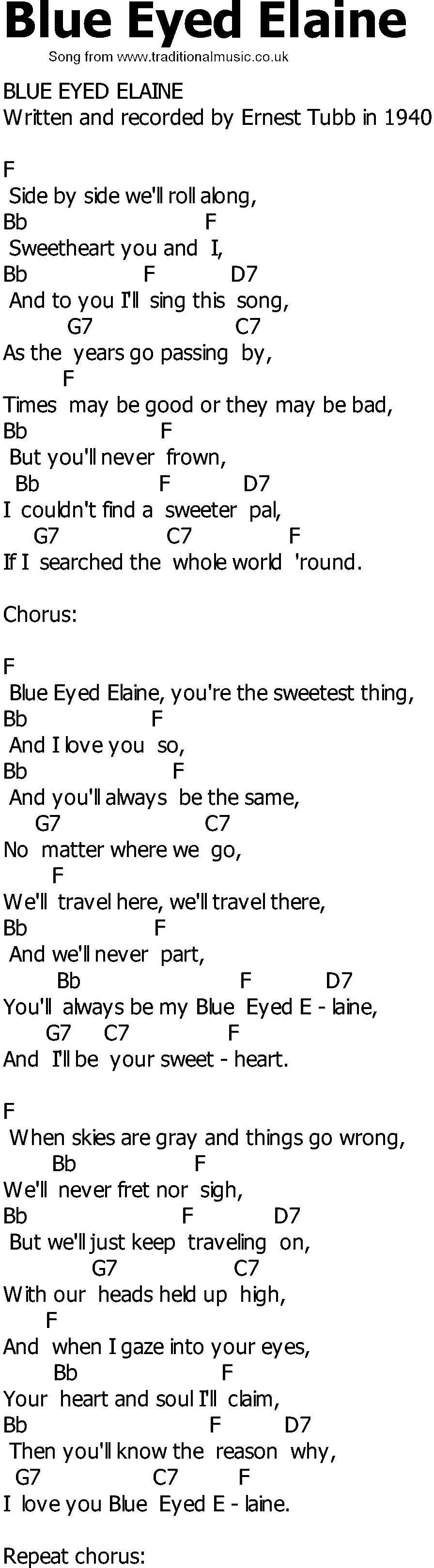 Old Country song lyrics with chords - Blue Eyed Elaine