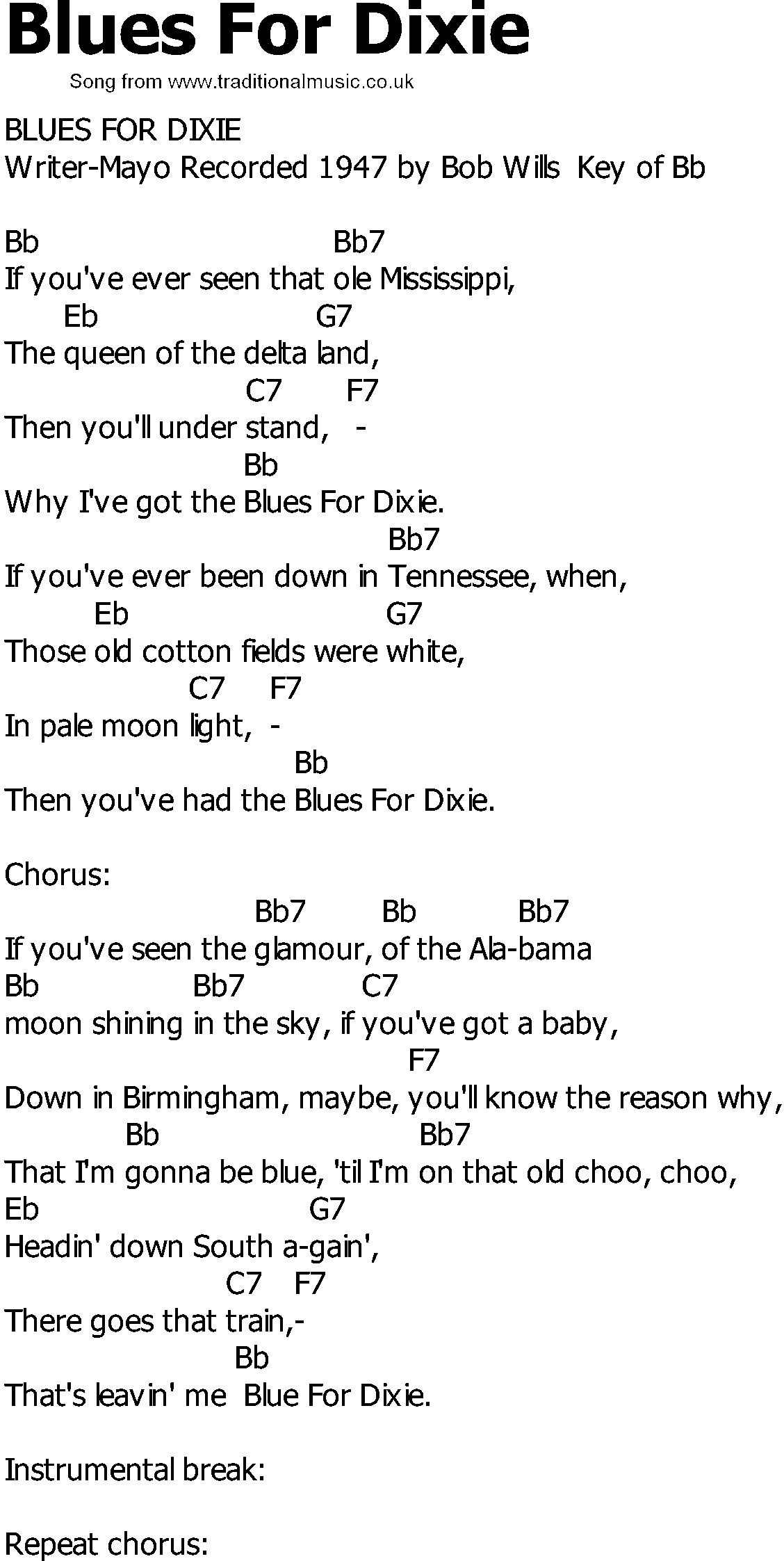 Old Country song lyrics with chords - Blues For Dixie