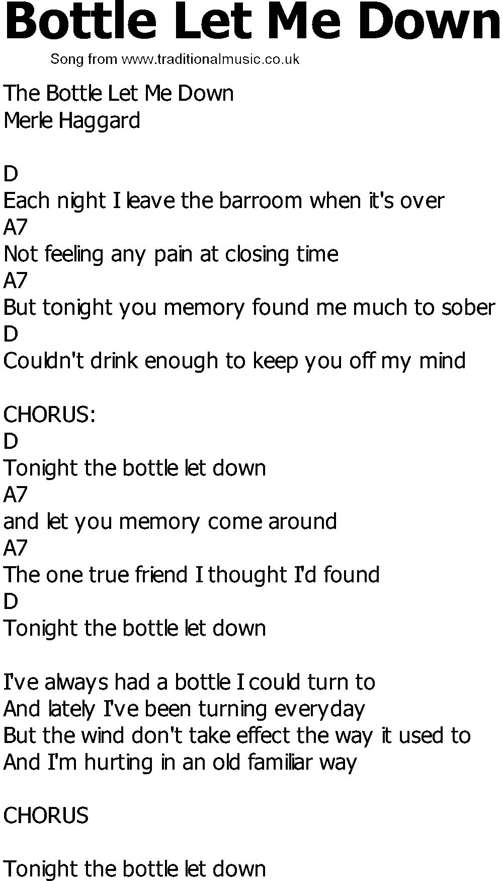 Old Country song lyrics with chords - Bottle Let Me Down