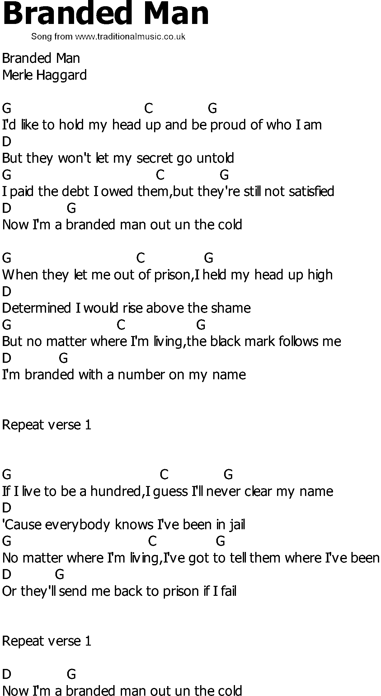 Old Country song lyrics with chords - Branded Man