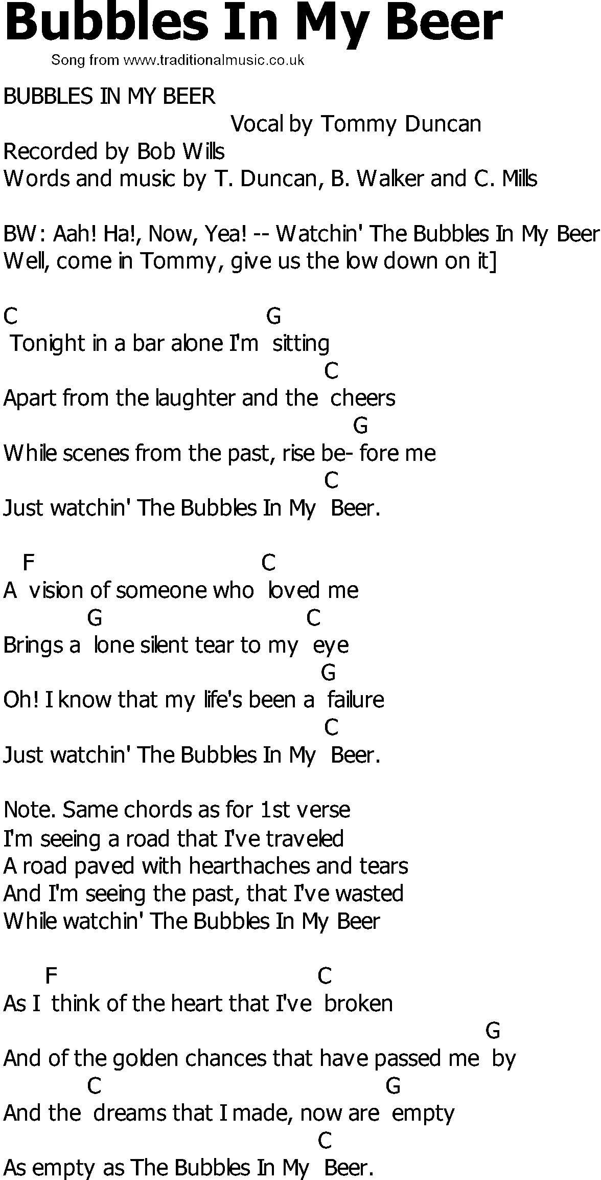 Old Country song lyrics with chords - Bubbles In My Beer