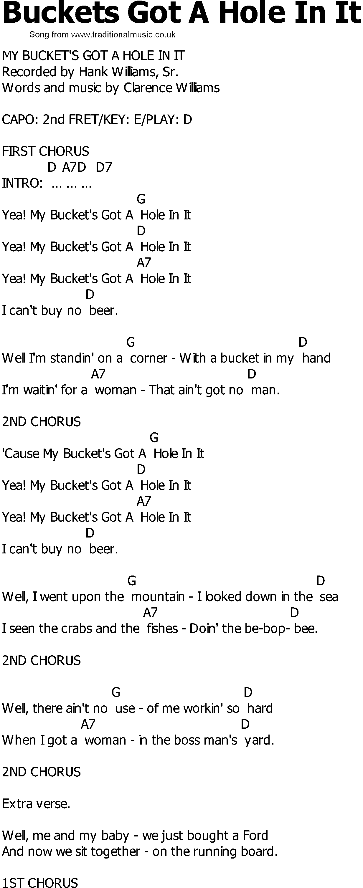 Old Country song lyrics with chords - Buckets Got A Hole In It