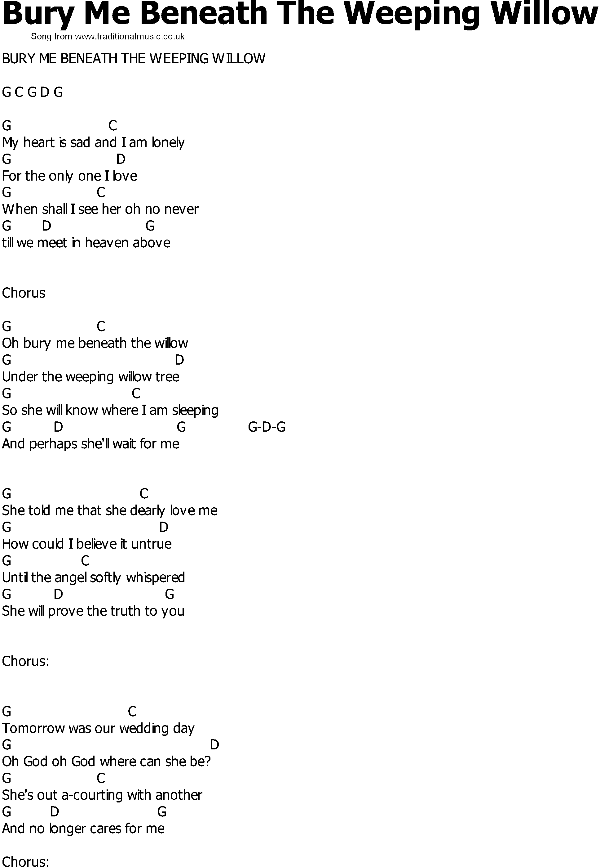 Old Country song lyrics with chords - Bury Me Beneath The Weeping Willow