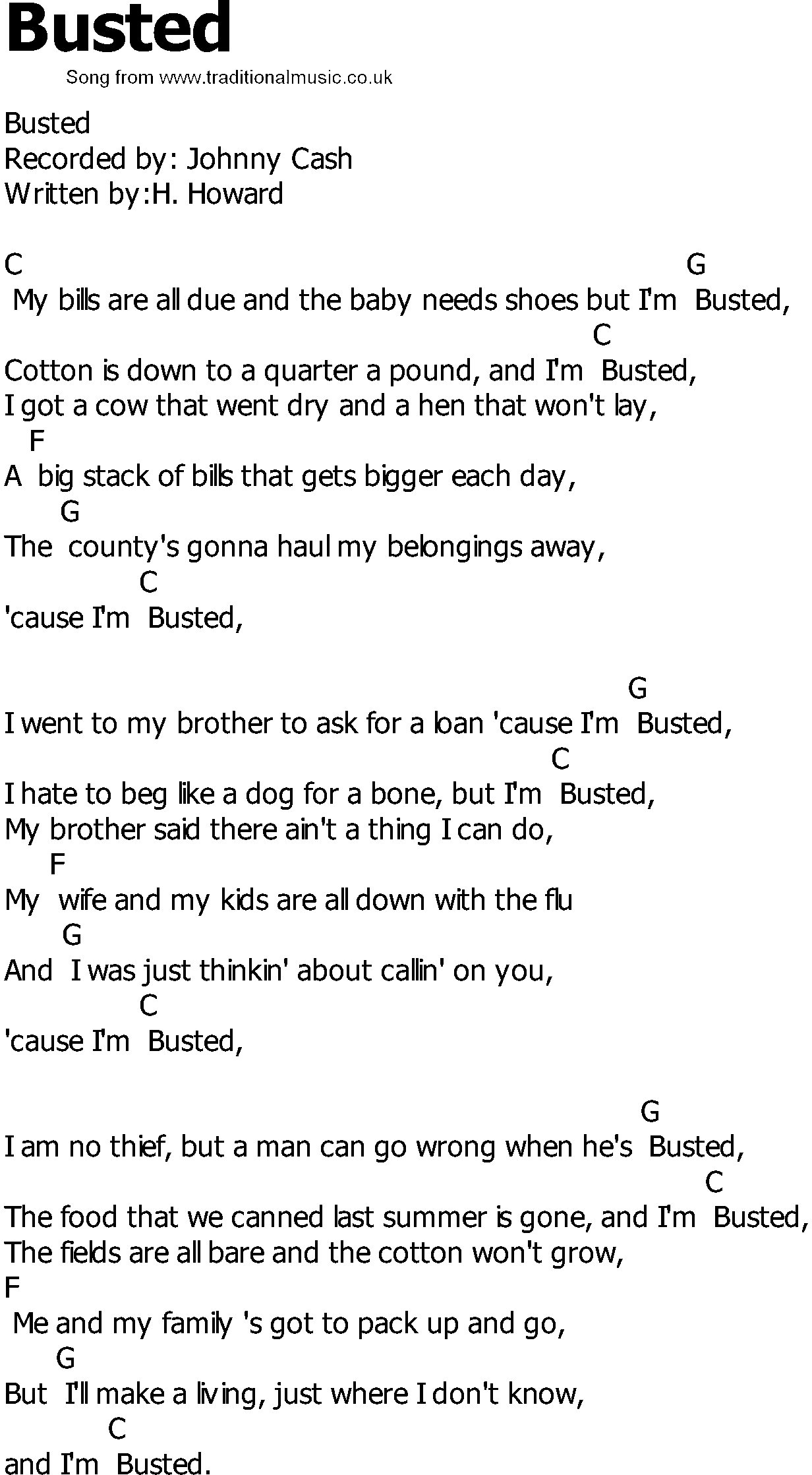 Old Country song lyrics with chords - Busted