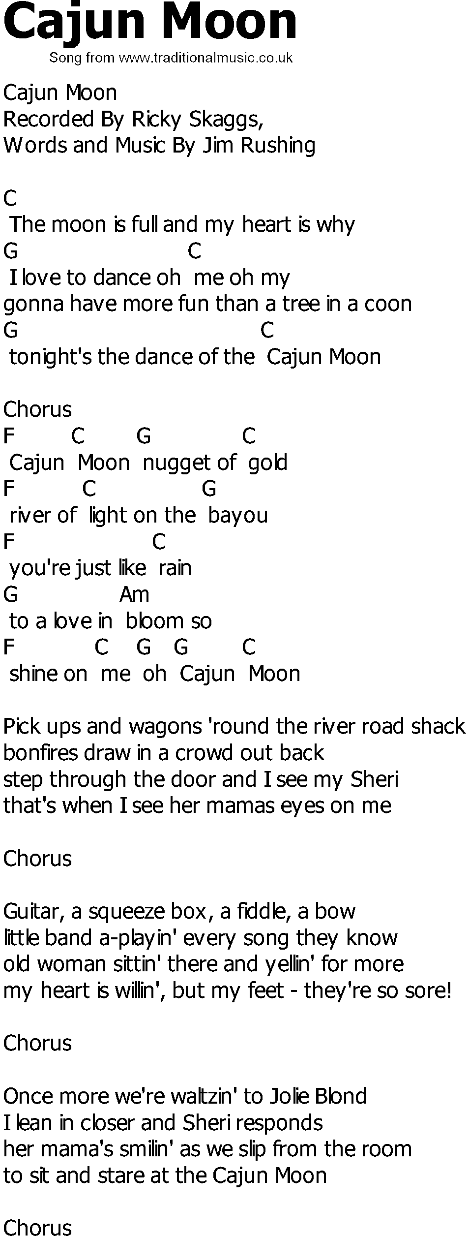 Old Country song lyrics with chords - Cajun Moon