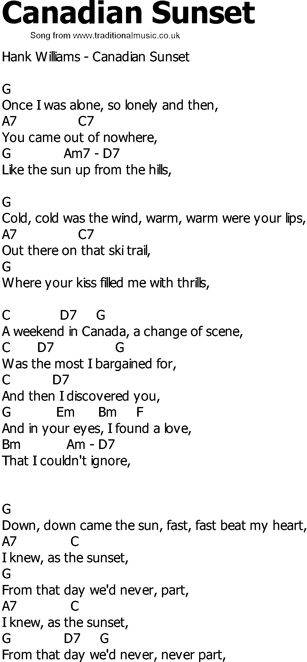 Old Country song lyrics with chords - Canadian Sunset